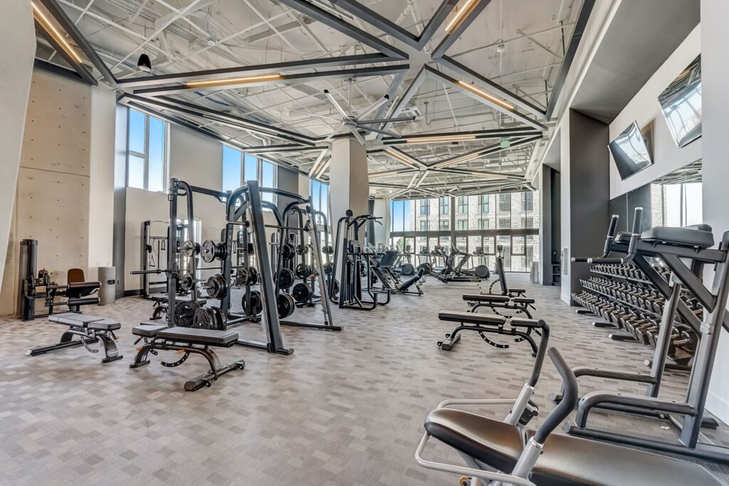 Modern gym with various exercise machines, free weights, benches, and large windows letting in natural light; multiple TV screens mounted on the wall.
